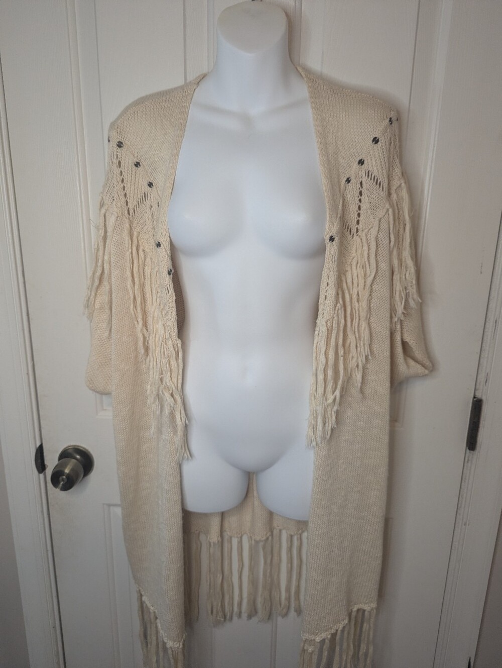 Fourteen & 9th Boho Fringe Studded Open Front Duster Cardigan Cream Medium